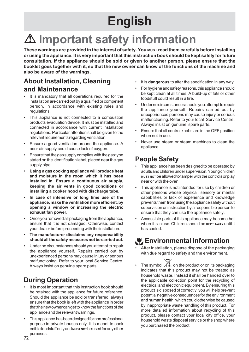 7005.pc.en, English, Important safety information | About installation, cleaning and maintenance, During operation, People safety, Environmental information | Electrolux EHG30235 x User Manual | Page 72 / 100