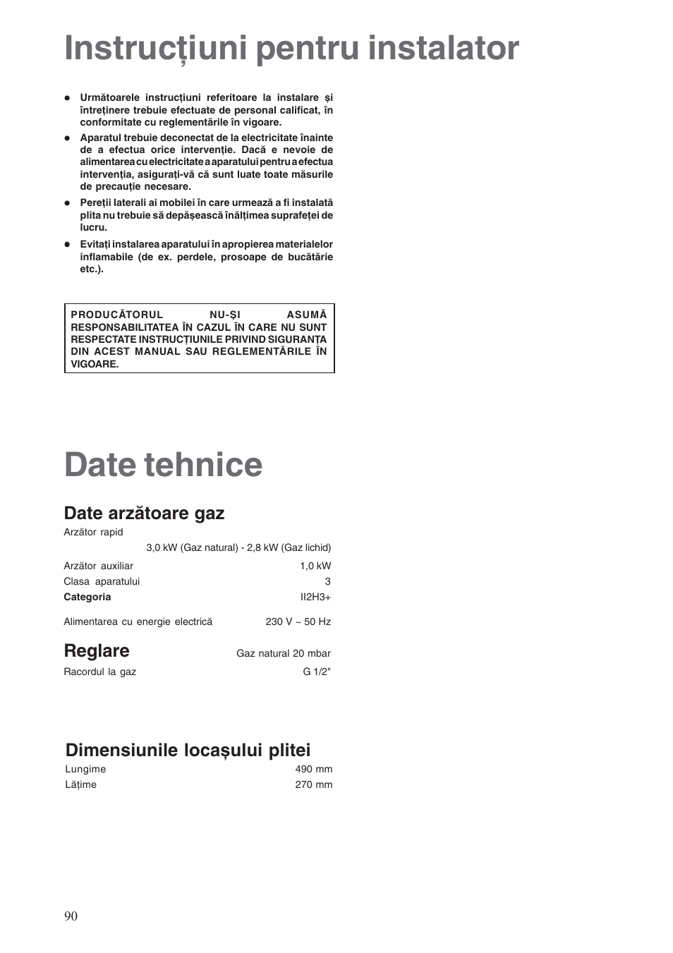 Instrucţiuni pentru instalator, Date tehnice, Date arzătoare gaz | Reglare, Dimensiunile locașului plitei | Electrolux EHG30235 x User Manual | Page 90 / 100