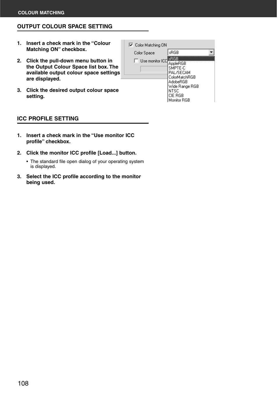Output colour space setting icc profile setting | Minolta DiMAGE Scan Multi PRO AF-5000 User Manual | Page 108 / 129