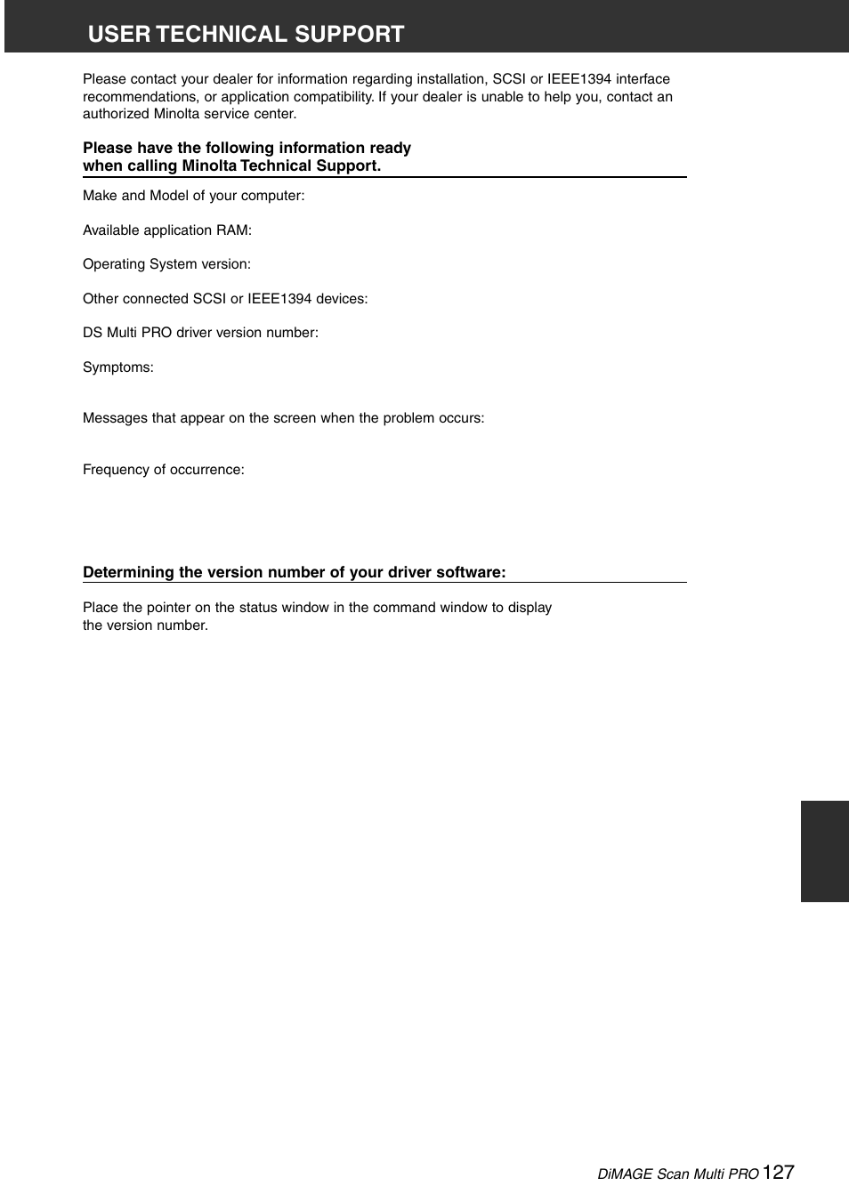 User technical support | Minolta DiMAGE Scan Multi PRO AF-5000 User Manual | Page 127 / 129