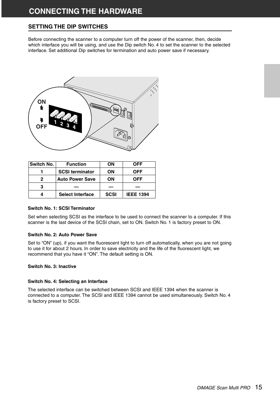 Connecting the hardware, Setting the dip switches | Minolta DiMAGE Scan Multi PRO AF-5000 User Manual | Page 15 / 129