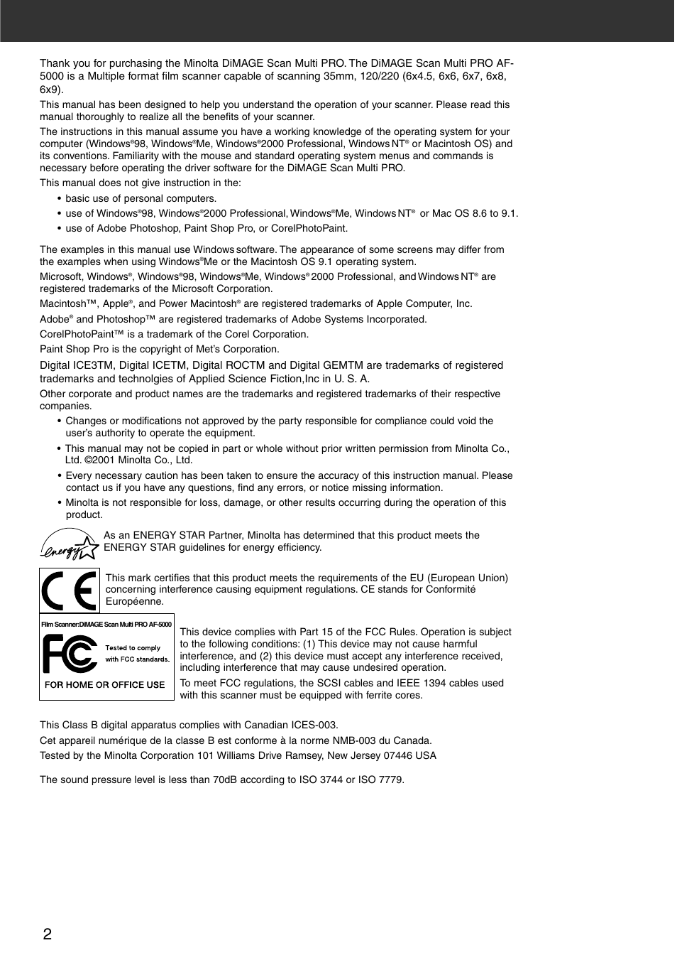 Minolta DiMAGE Scan Multi PRO AF-5000 User Manual | Page 2 / 129