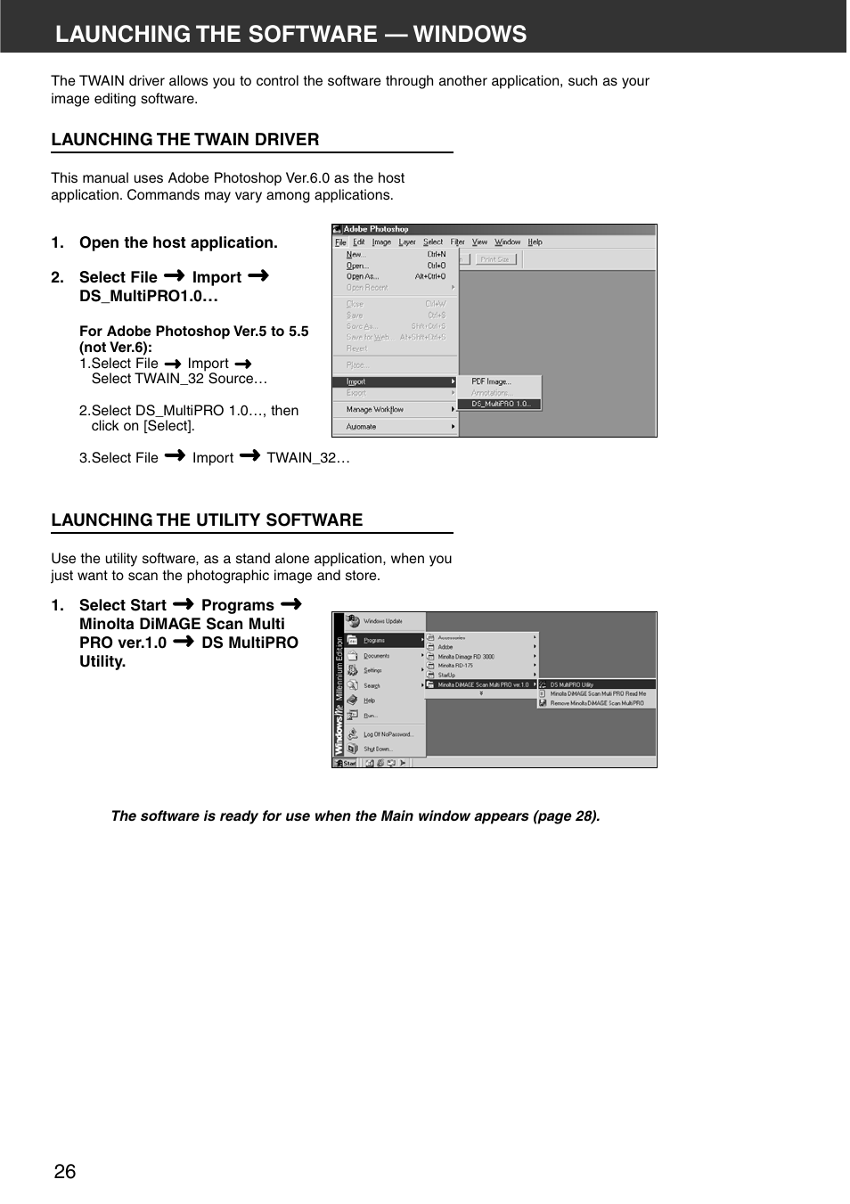 Launching the software — windows | Minolta DiMAGE Scan Multi PRO AF-5000 User Manual | Page 26 / 129