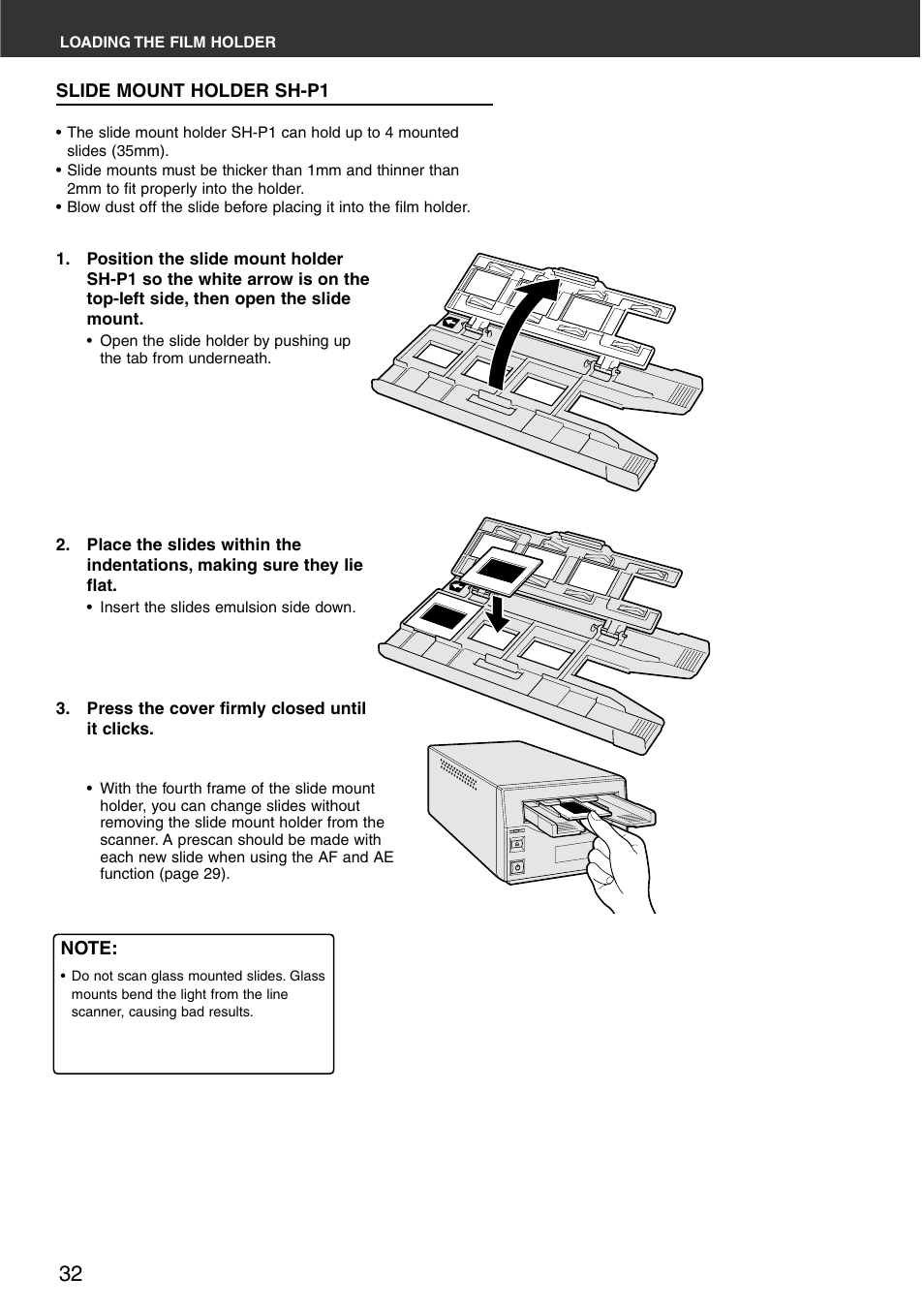 Slide mount holder sh-p1 | Minolta DiMAGE Scan Multi PRO AF-5000 User Manual | Page 32 / 129