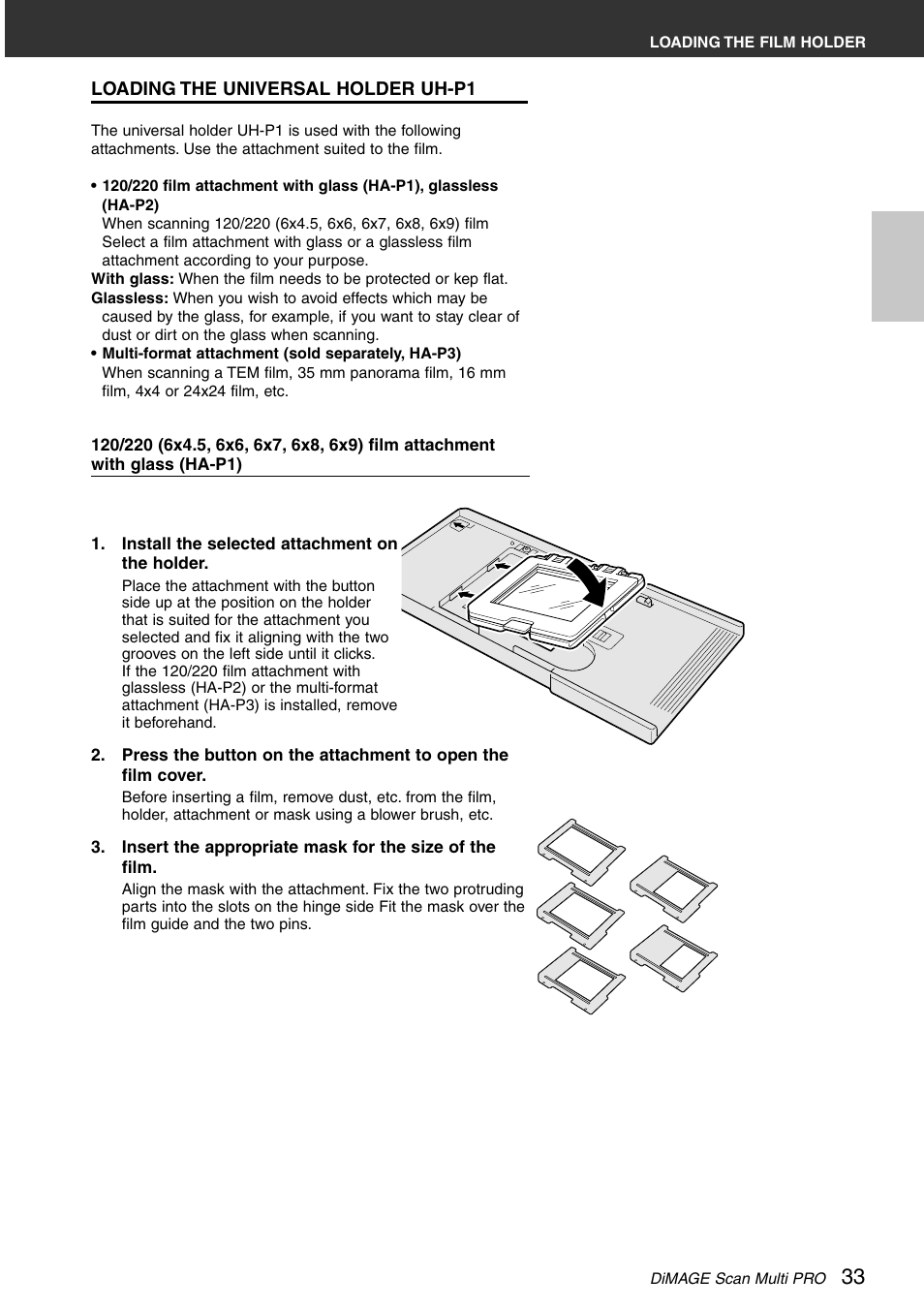 Loading the universal holder uh-p1 | Minolta DiMAGE Scan Multi PRO AF-5000 User Manual | Page 33 / 129