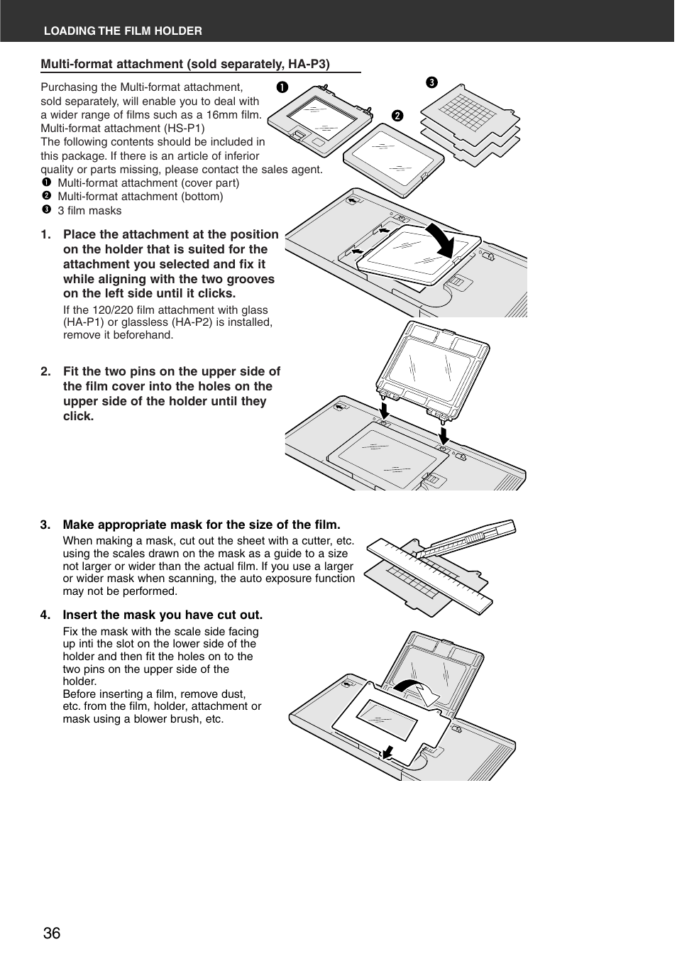 Multi-format attachment (sold separately, hs-p1) | Minolta DiMAGE Scan Multi PRO AF-5000 User Manual | Page 36 / 129