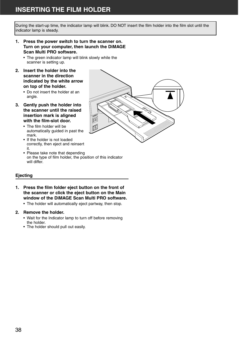 Inserting the film holder | Minolta DiMAGE Scan Multi PRO AF-5000 User Manual | Page 38 / 129