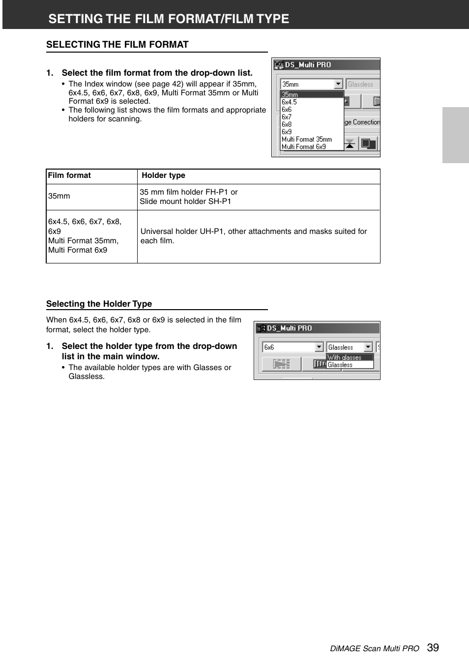 Setting the film format/film type, Selecting the film format | Minolta DiMAGE Scan Multi PRO AF-5000 User Manual | Page 39 / 129