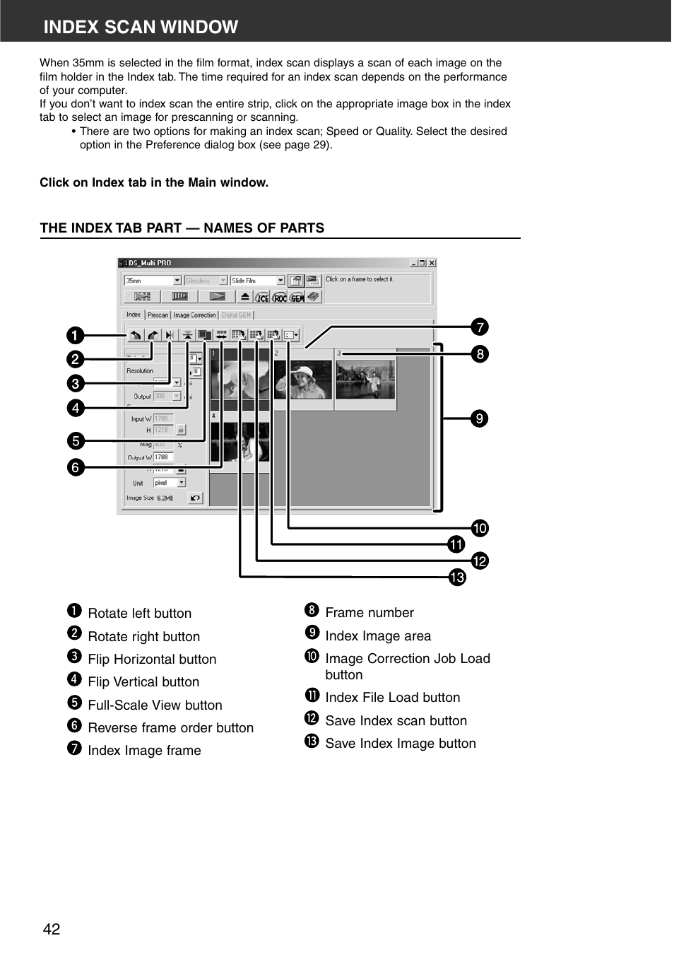 Index scan window, The index tab part — names of parts | Minolta DiMAGE Scan Multi PRO AF-5000 User Manual | Page 42 / 129