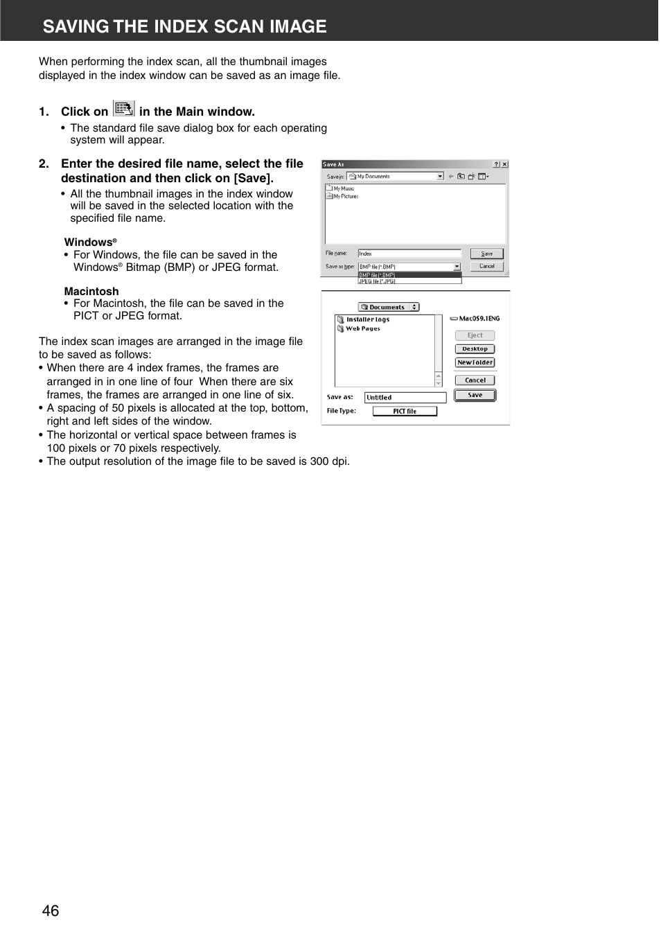 Saving the index scan image | Minolta DiMAGE Scan Multi PRO AF-5000 User Manual | Page 46 / 129