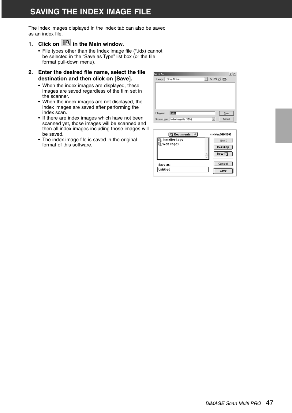 Saving the index image file | Minolta DiMAGE Scan Multi PRO AF-5000 User Manual | Page 47 / 129