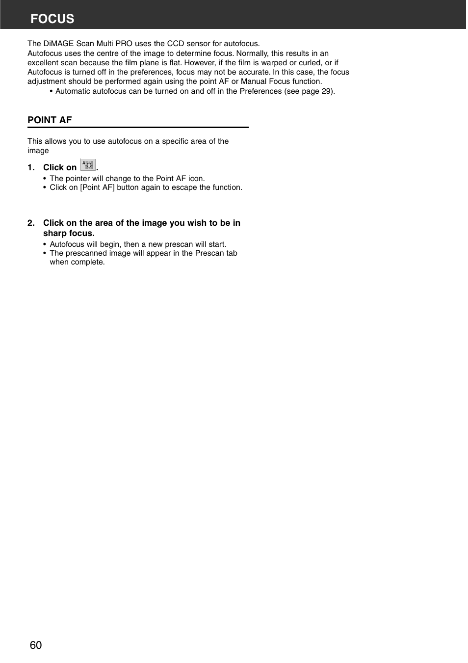 Focus, Point af | Minolta DiMAGE Scan Multi PRO AF-5000 User Manual | Page 60 / 129