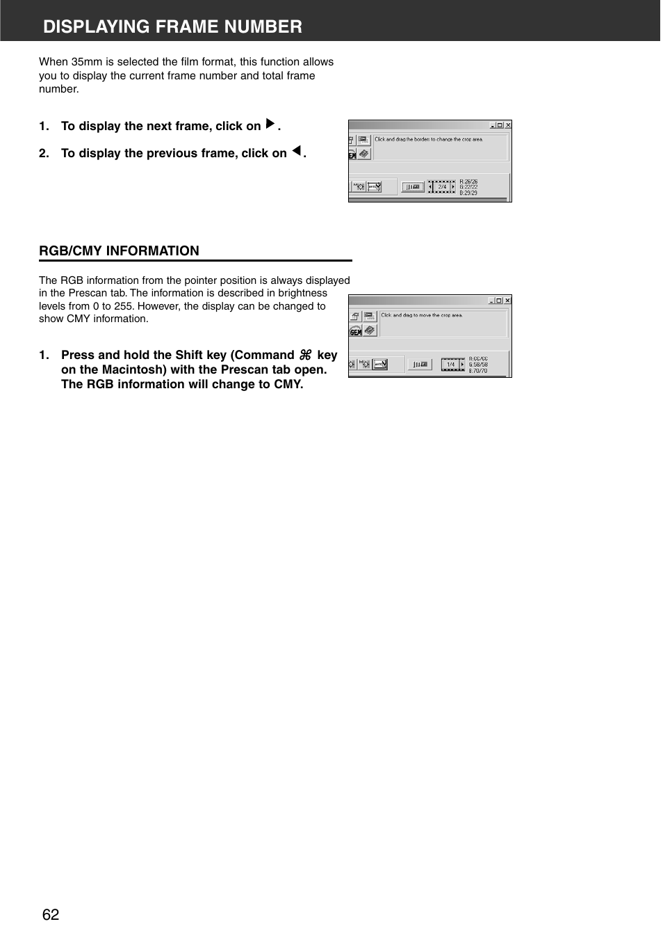 Displaying frame number, Rgb/cmy information | Minolta DiMAGE Scan Multi PRO AF-5000 User Manual | Page 62 / 129