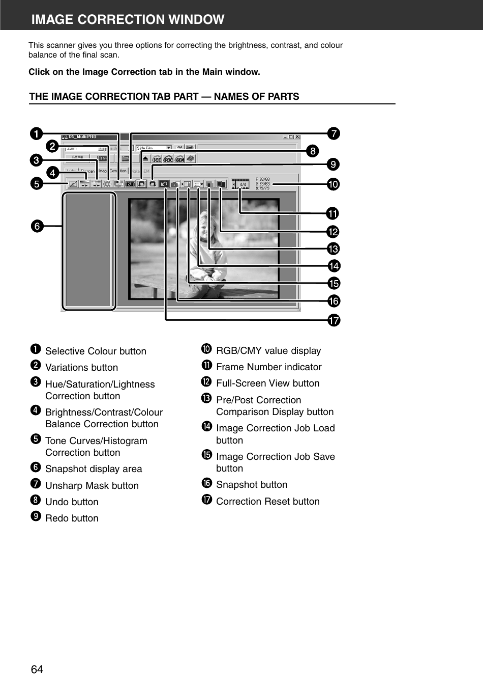 Image correction window, The image correction tab part — names of parts | Minolta DiMAGE Scan Multi PRO AF-5000 User Manual | Page 64 / 129