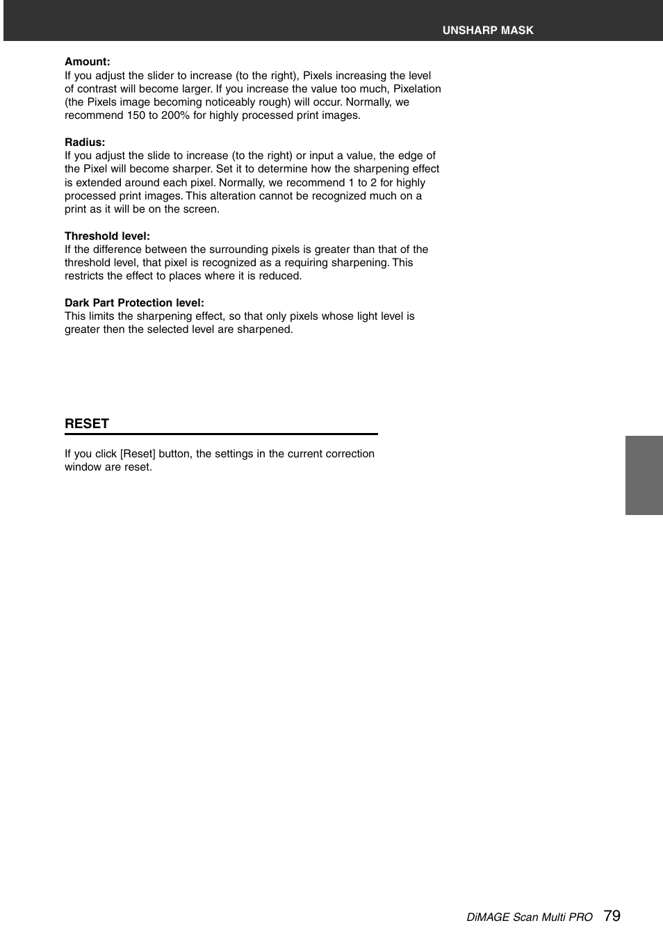Reset | Minolta DiMAGE Scan Multi PRO AF-5000 User Manual | Page 79 / 129