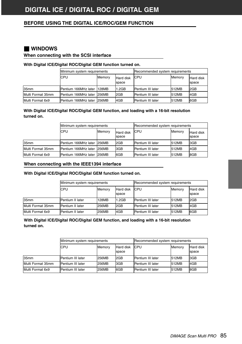 Digital ice / digital roc / digital gem, Before using the digital ice/roc/gem function, Windows | When connecting with the scsi interface, When connecting with the ieee1394 interface | Minolta DiMAGE Scan Multi PRO AF-5000 User Manual | Page 85 / 129