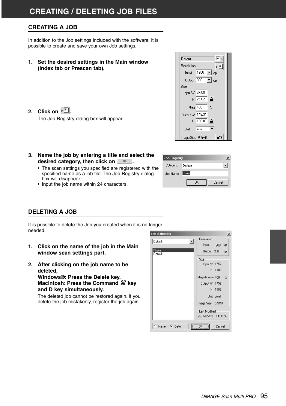 Creating / deleting job files, Creating a job deleting a job | Minolta DiMAGE Scan Multi PRO AF-5000 User Manual | Page 95 / 129