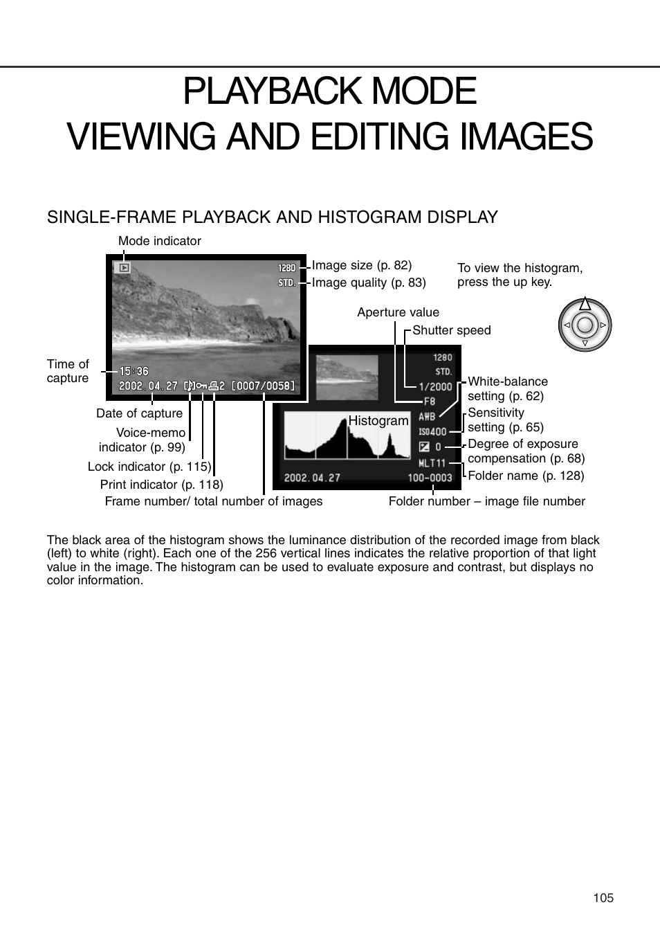 Playback mode – viewing and editing images, Single-frame playback and histogram display, Playback mode viewing and editing images | Minolta Dimage 7i User Manual | Page 105 / 164