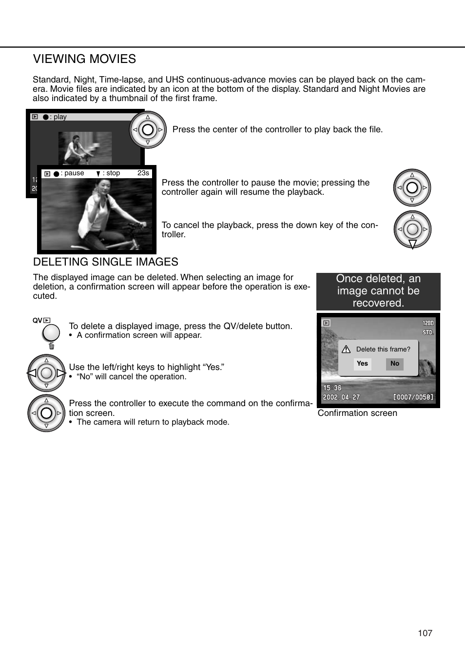 Viewing movies deleting single images, Viewing movies | Minolta Dimage 7i User Manual | Page 107 / 164