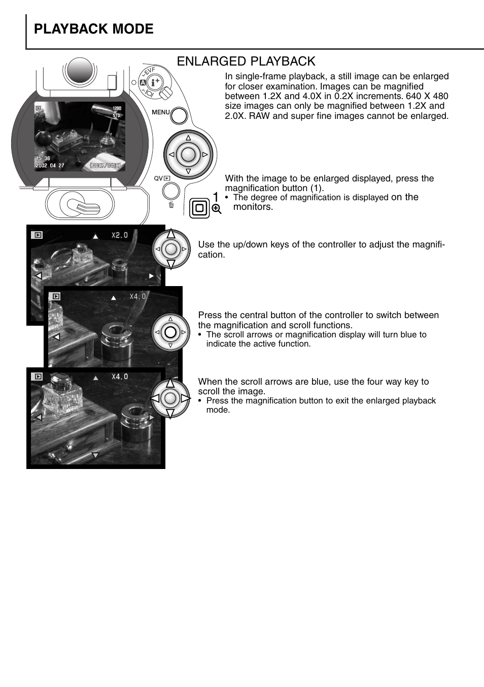 Enlarged playback, Playback mode 1 | Minolta Dimage 7i User Manual | Page 108 / 164
