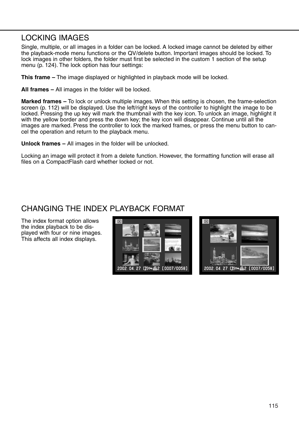 Locking images changing the index playback format, Changing the index playback format locking images | Minolta Dimage 7i User Manual | Page 115 / 164
