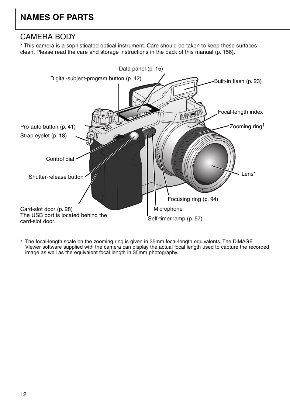 Names of parts, Camera body | Minolta Dimage 7i User Manual | Page 12 / 164