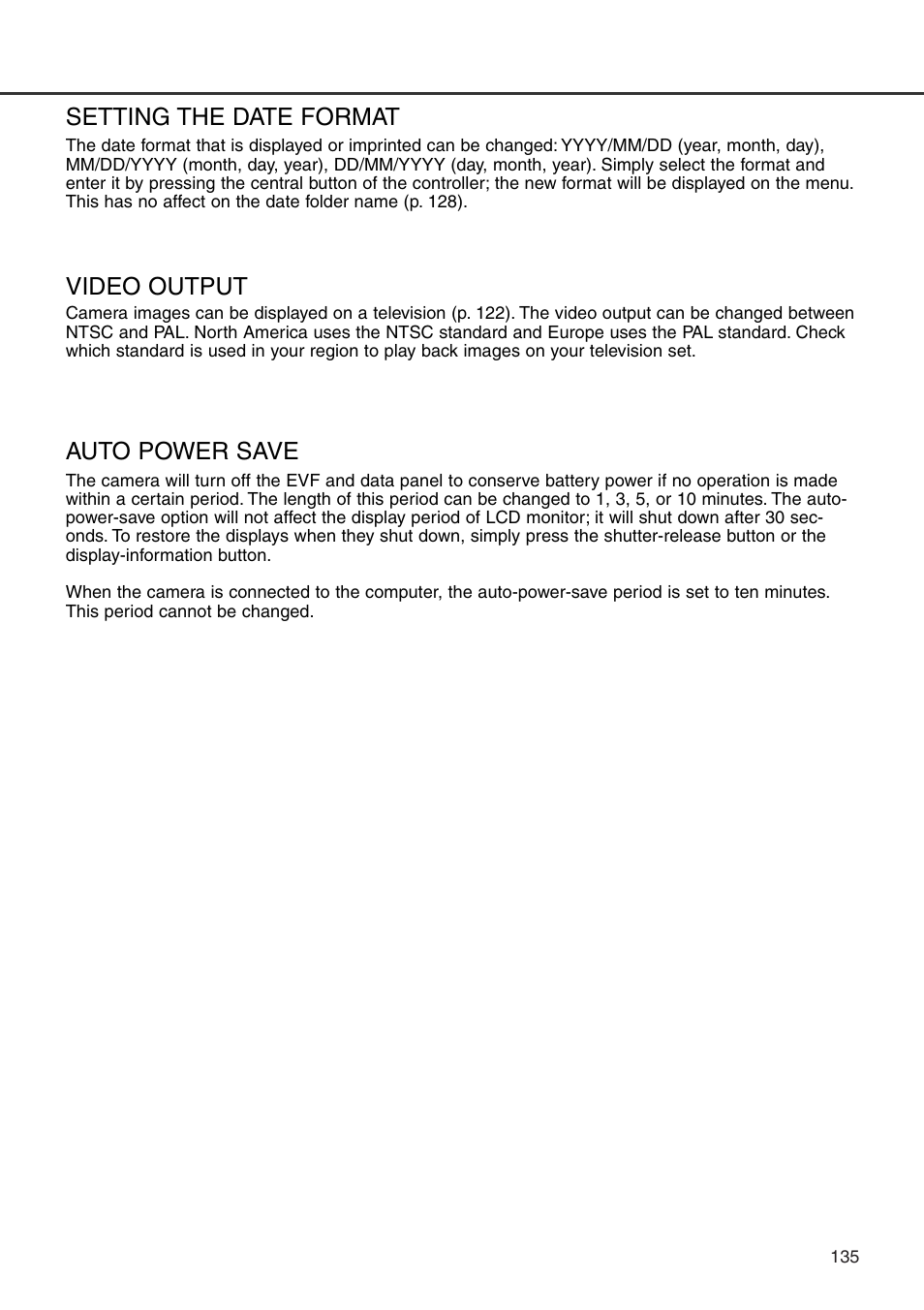 Setting the date format, Video output, Auto power save | Minolta Dimage 7i User Manual | Page 135 / 164