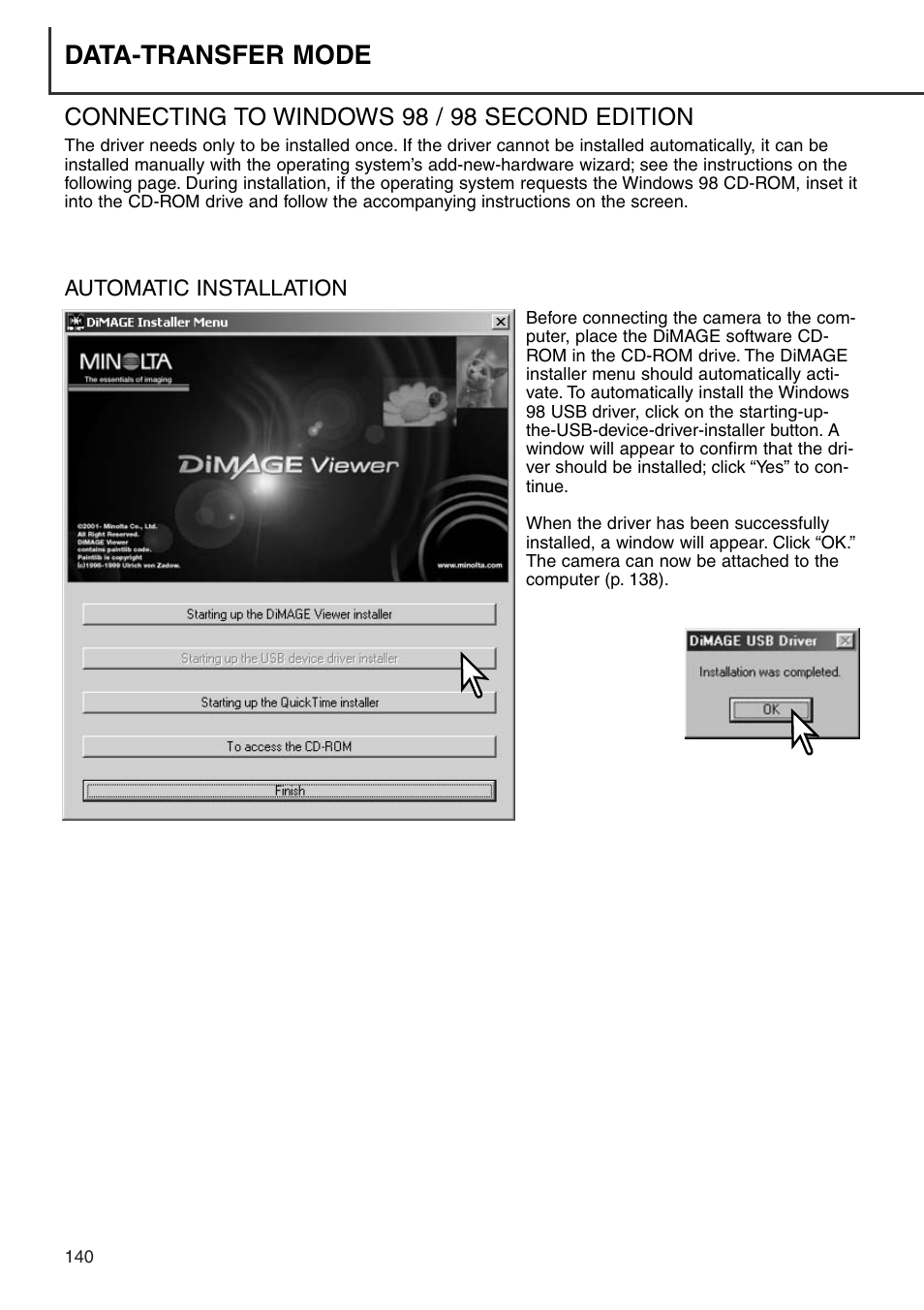 Connecting to windows 98 / 98 second edition, Automatic installation, Data-transfer mode | Minolta Dimage 7i User Manual | Page 140 / 164