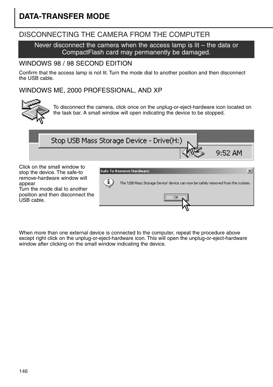 Disconnecting the camera from the computer, Data-transfer mode | Minolta Dimage 7i User Manual | Page 146 / 164