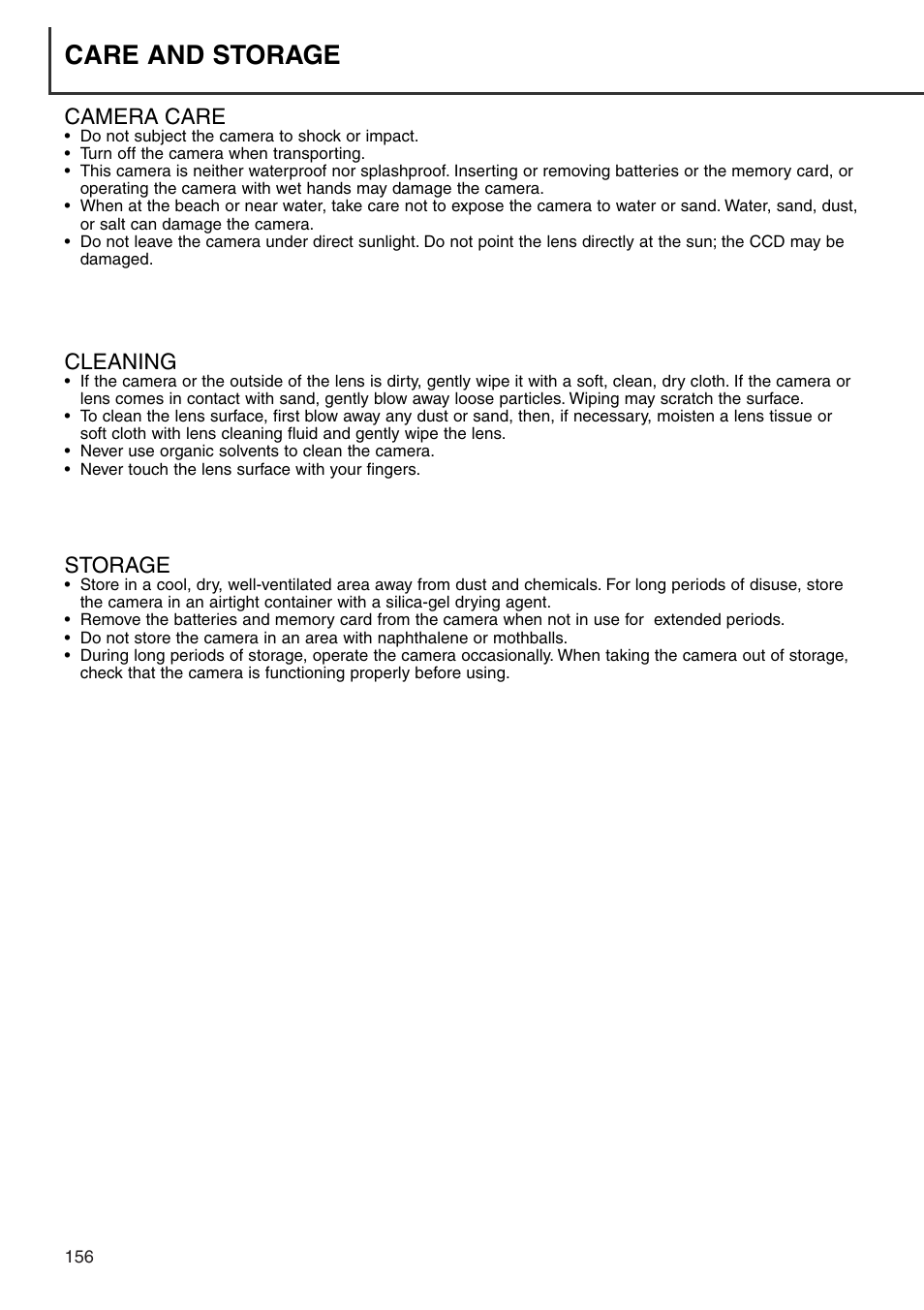 Care and storage, Camera care cleaning storage, Cleaning | Camera care, Storage | Minolta Dimage 7i User Manual | Page 156 / 164