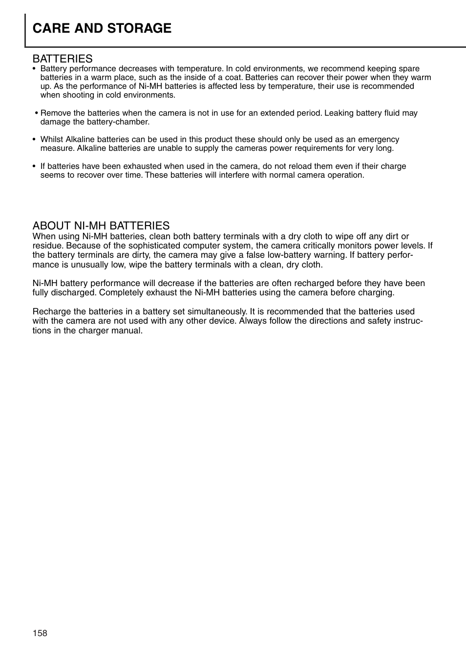 Batteries about ni-mh batteries, Care and storage | Minolta Dimage 7i User Manual | Page 158 / 164