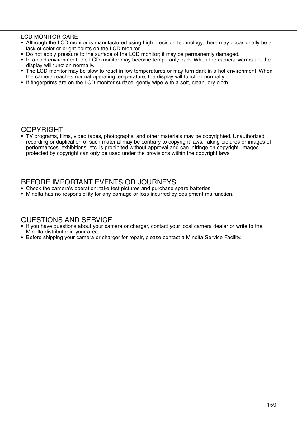 Before important events or journeys, Copyright, Questions and service | Minolta Dimage 7i User Manual | Page 159 / 164