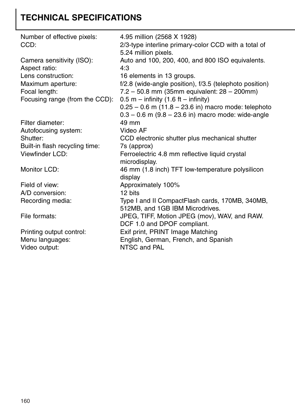 Technical specifications | Minolta Dimage 7i User Manual | Page 160 / 164