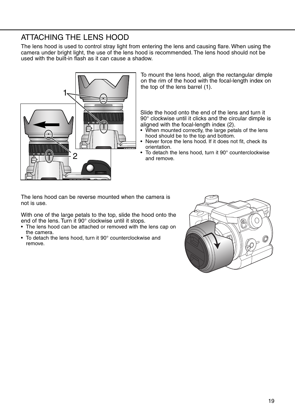 Attaching the lens hood | Minolta Dimage 7i User Manual | Page 19 / 164