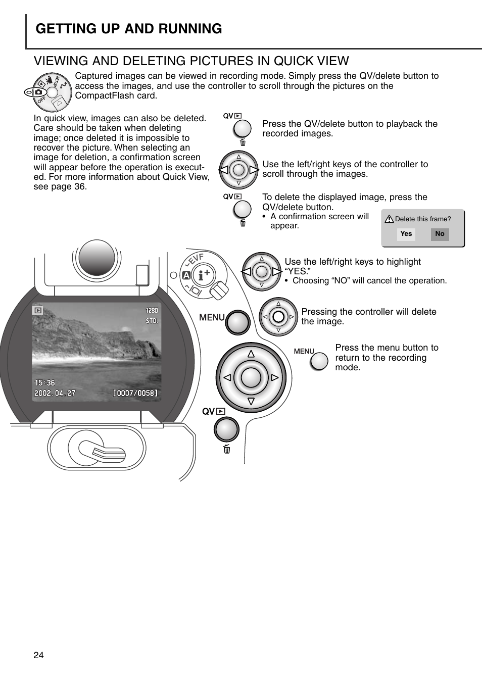 Viewing and deleting pictures in quick view, Getting up and running | Minolta Dimage 7i User Manual | Page 24 / 164