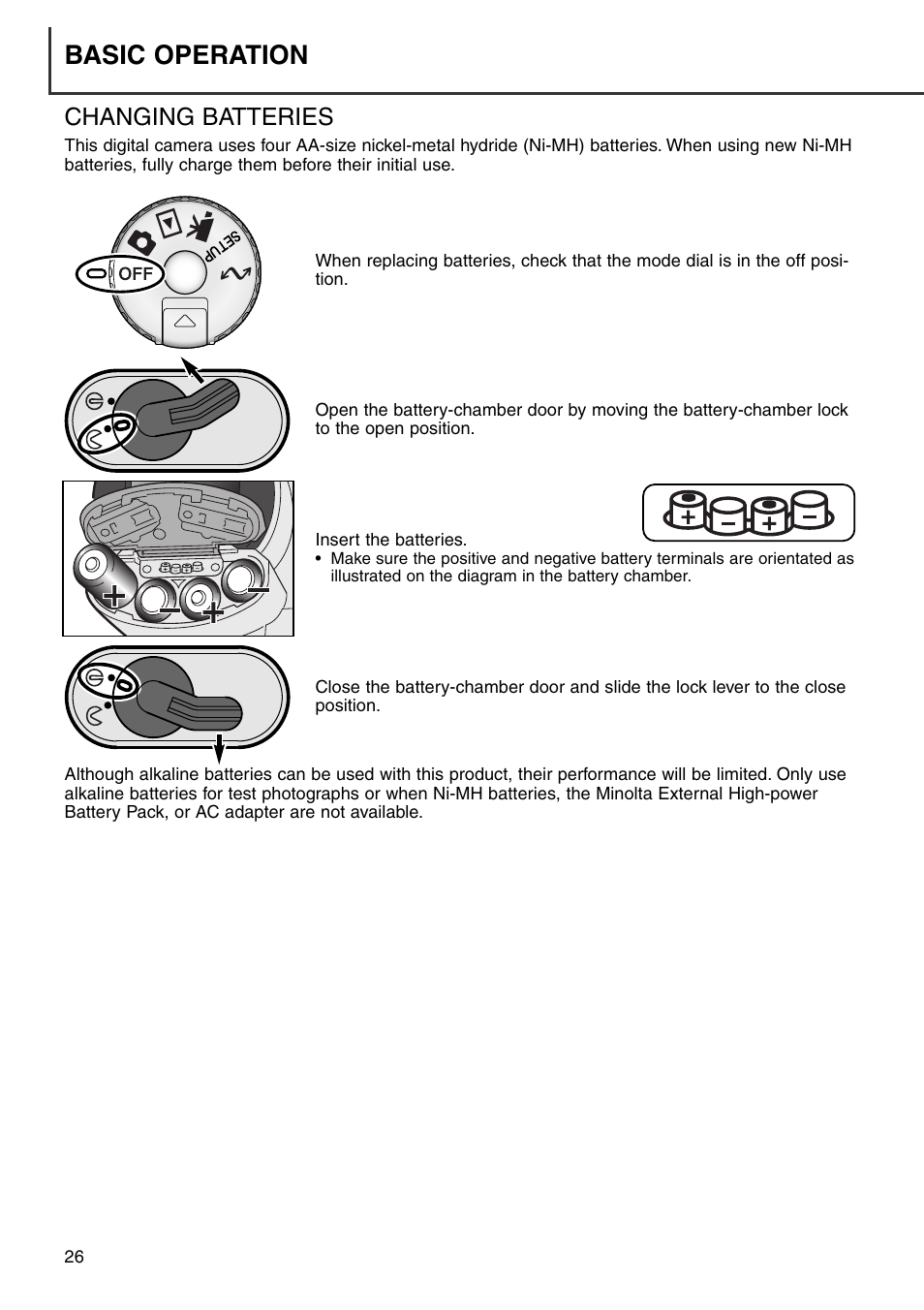 Changing batteries, Basic operation | Minolta Dimage 7i User Manual | Page 26 / 164