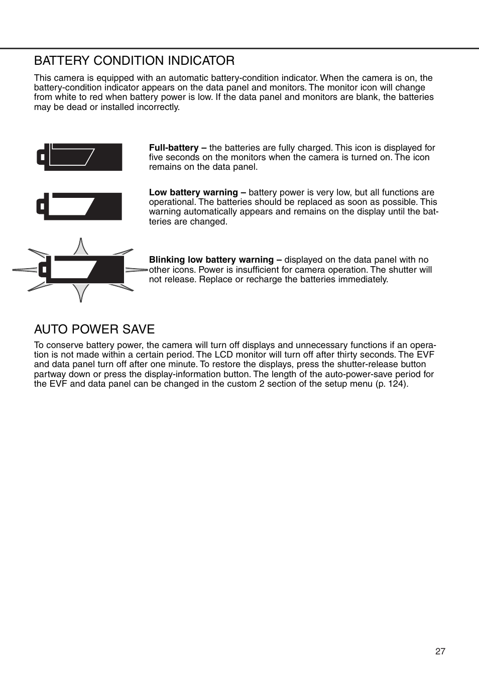 Battery condition indicator auto power save, Battery condition indicator, Auto power save | Minolta Dimage 7i User Manual | Page 27 / 164