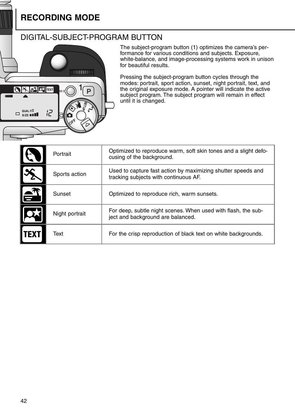 Digital-subject-program button, Recording mode | Minolta Dimage 7i User Manual | Page 42 / 164