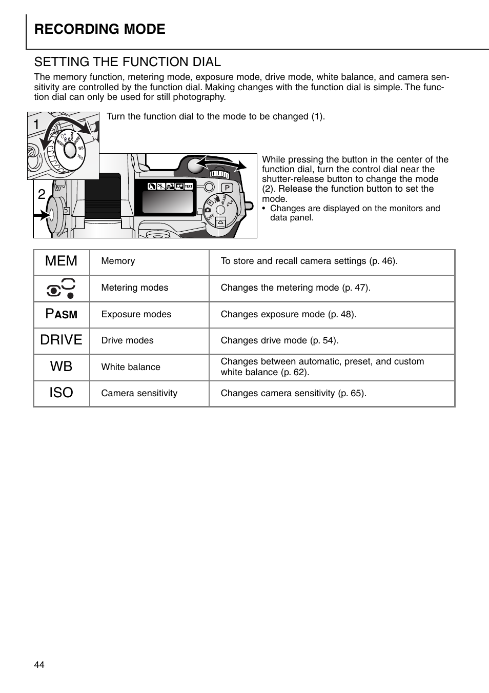 Setting the function dial, Iso wb drive p, 12 recording mode | Minolta Dimage 7i User Manual | Page 44 / 164