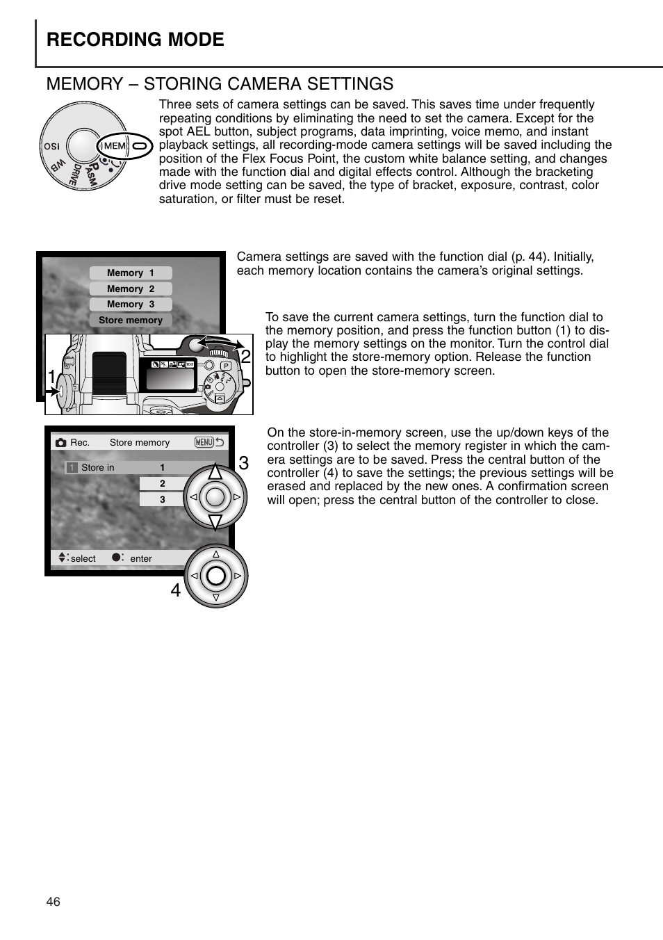 Memory – storing camera settings, Recording mode | Minolta Dimage 7i User Manual | Page 46 / 164