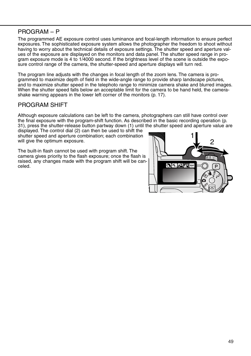 Program – p, Program shift | Minolta Dimage 7i User Manual | Page 49 / 164