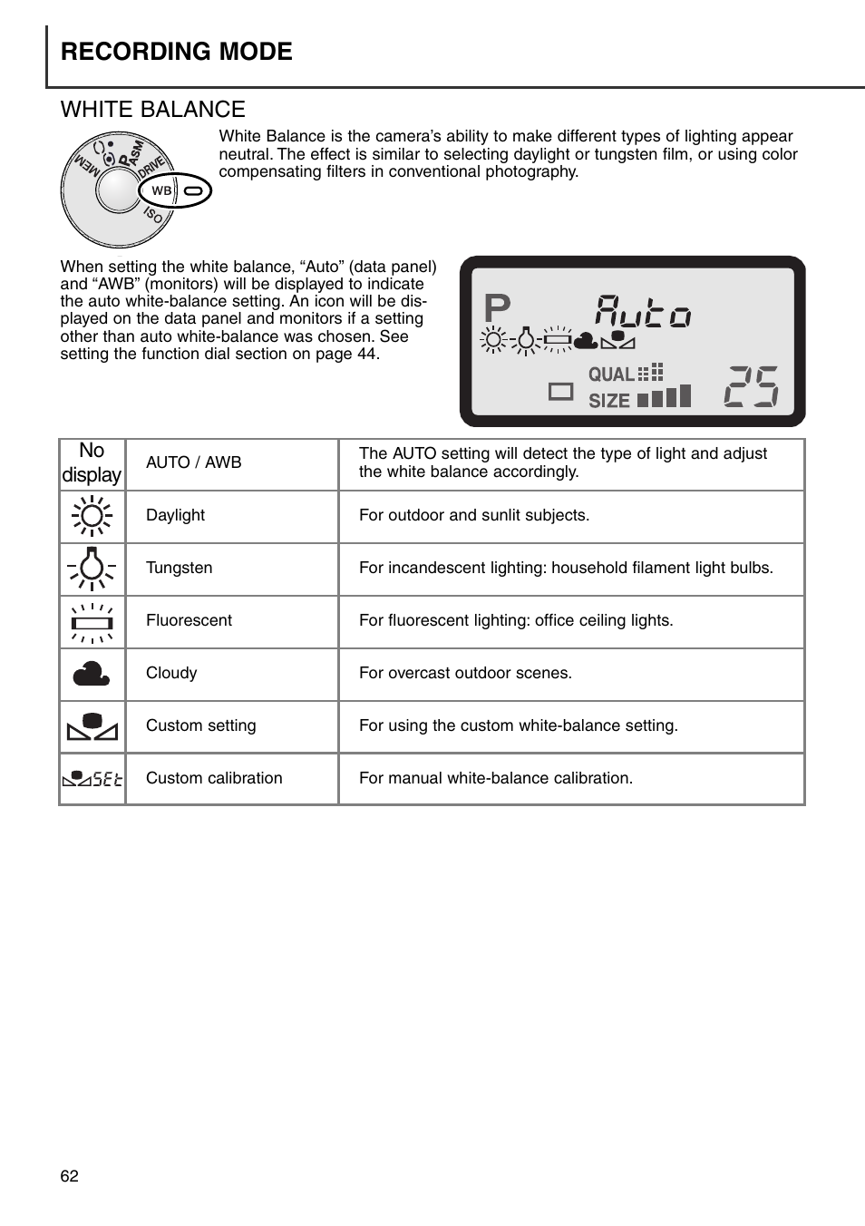 White balance, Recording mode | Minolta Dimage 7i User Manual | Page 62 / 164