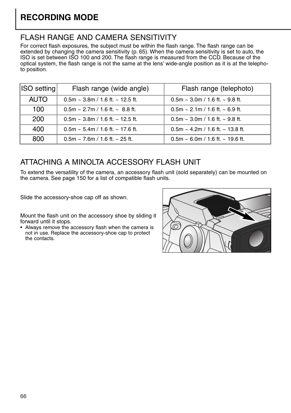 Recording mode, Flash range and camera sensitivity, Attaching a minolta accessory flash unit | Minolta Dimage 7i User Manual | Page 66 / 164