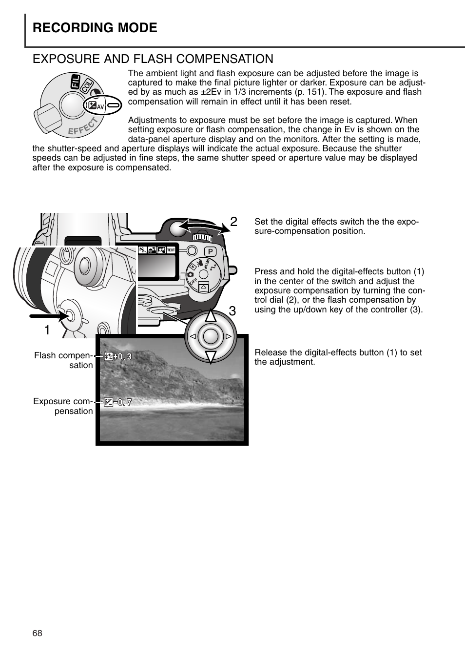 Exposure and flash compensation, Recording mode 2 1 | Minolta Dimage 7i User Manual | Page 68 / 164