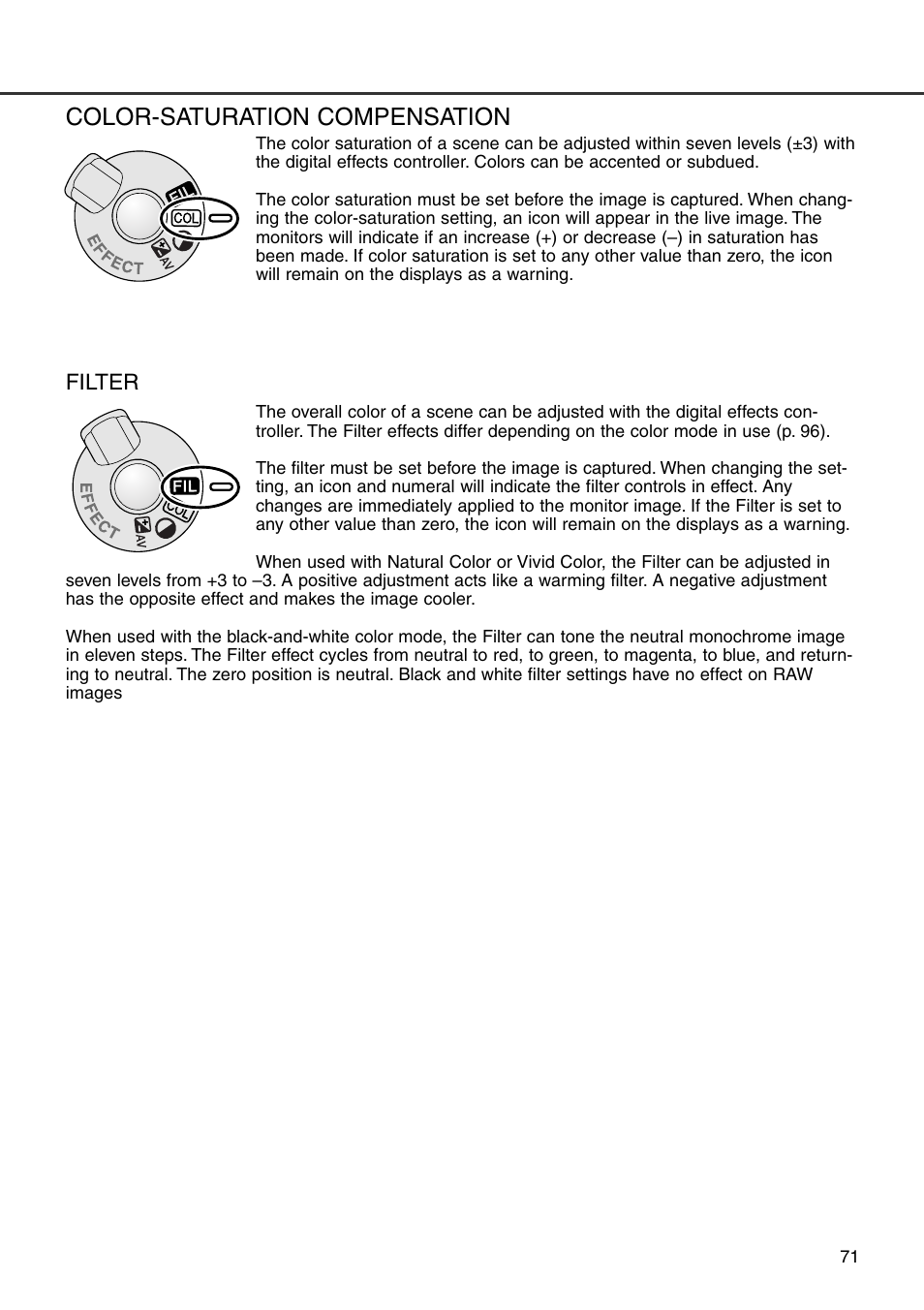 Color-saturation compensation filter, Color-saturation compensation | Minolta Dimage 7i User Manual | Page 71 / 164