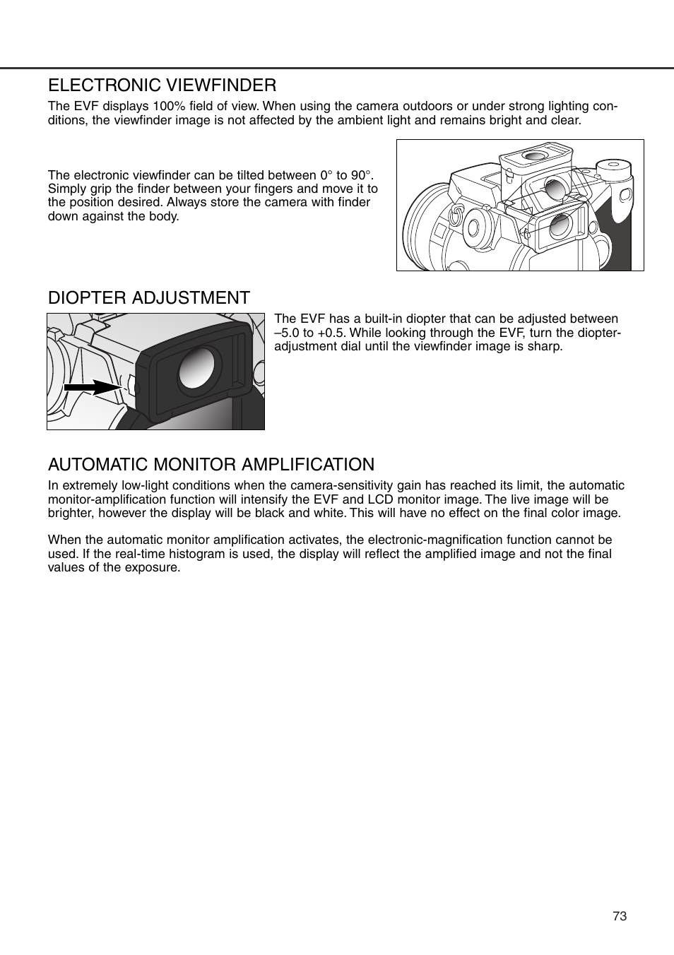 Electronic viewfinder, Automatic monitor amplification, Diopter adjustment | Minolta Dimage 7i User Manual | Page 73 / 164