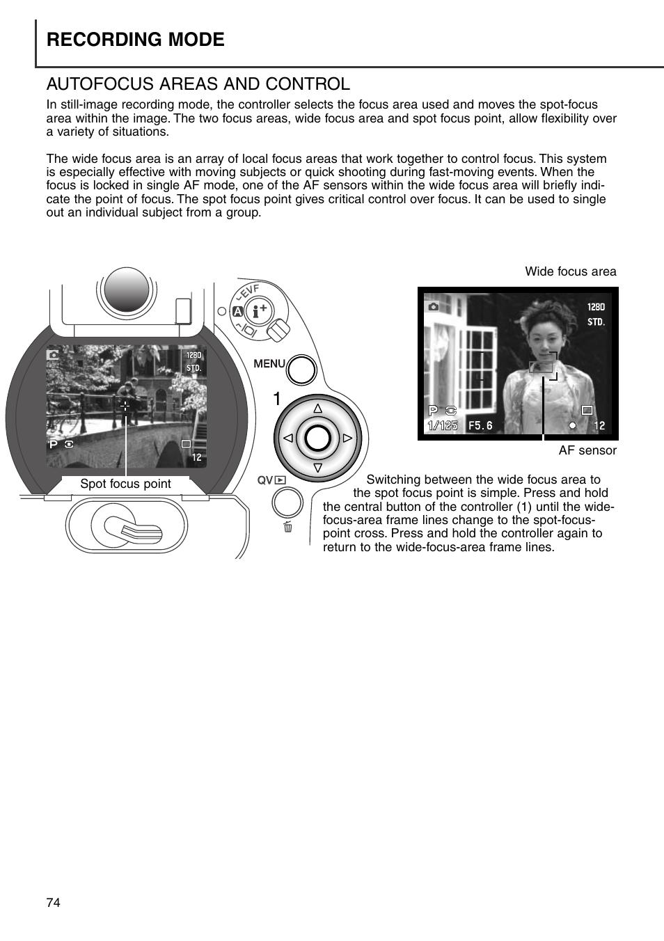 Autofocus areas and control, Recording mode | Minolta Dimage 7i User Manual | Page 74 / 164