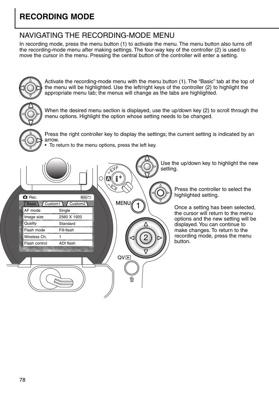 Navigating the recording-mode menu, Recording mode | Minolta Dimage 7i User Manual | Page 78 / 164