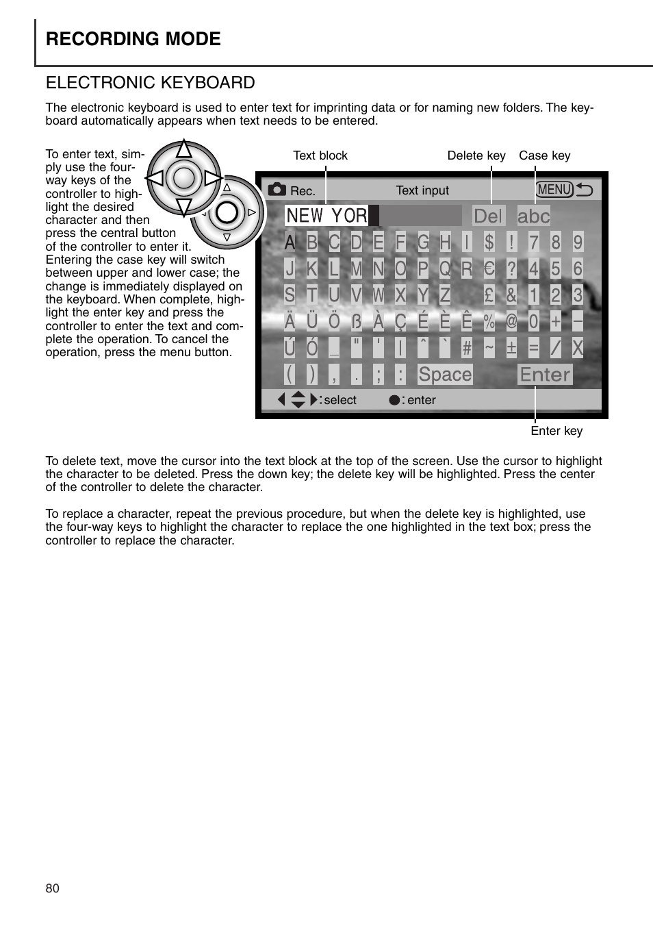 Electronic keyboard, Recording mode | Minolta Dimage 7i User Manual | Page 80 / 164