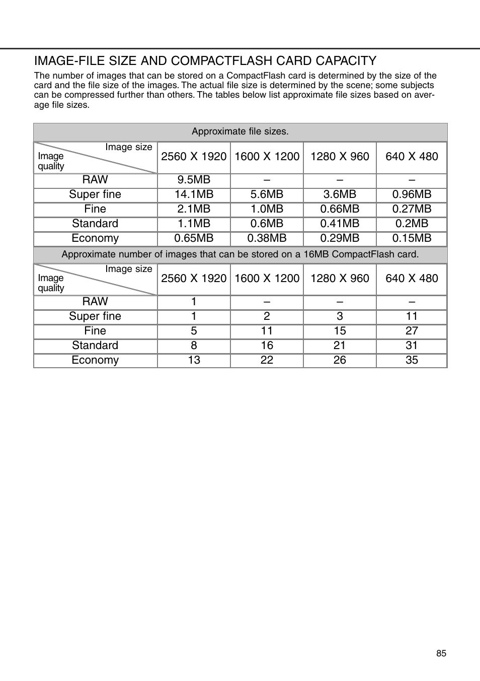 Image-file size and compactflash card capacity | Minolta Dimage 7i User Manual | Page 85 / 164